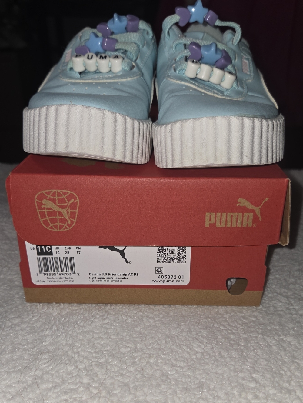 Used Puma Kids Light Aqua Sneakers with Purple Star Beads